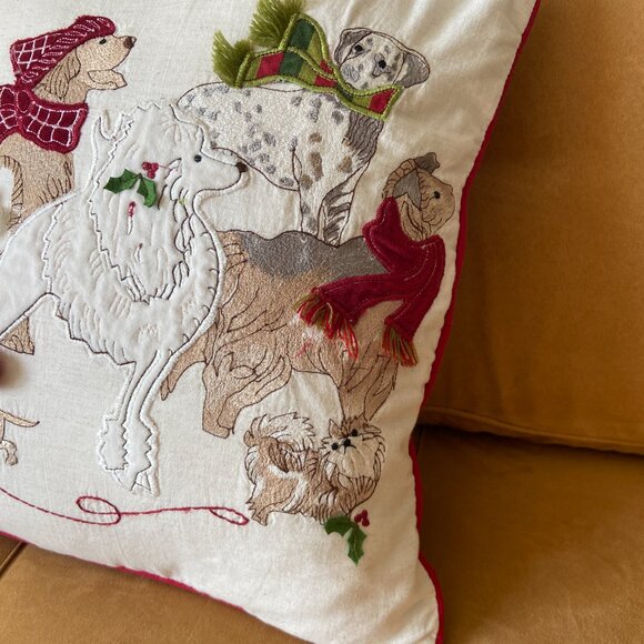 Pier 1 Christmas Pillow PARK AVENUE PUPPIES Dogs Embroidered 17" - Picture 2 of 5